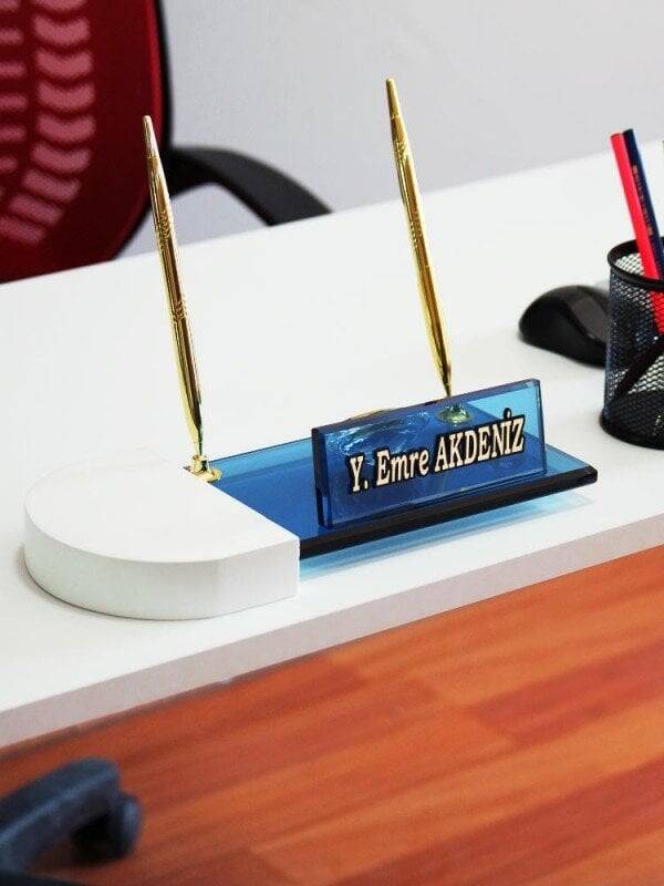 Beyaz Oval Ahşap & Mavi Kristal Masa İsimliği l Dsn-108 - 1