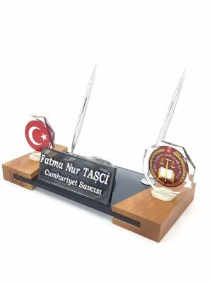 HSK Logolu Türk Bayraklı Kristal Masa İsimlik