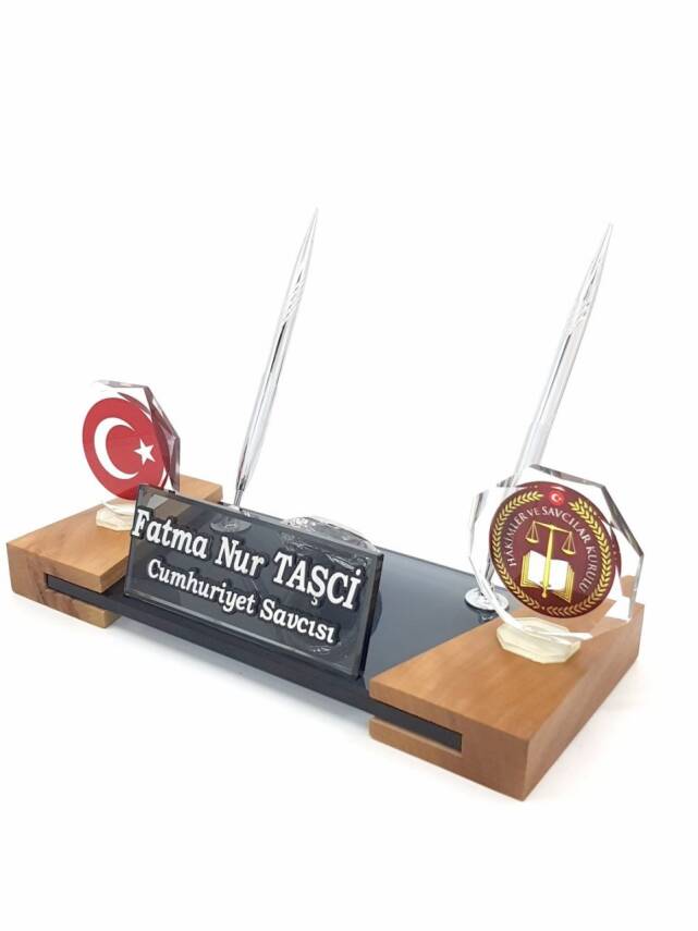 HSK Logolu Türk Bayraklı Kristal Masa İsimlik - 1