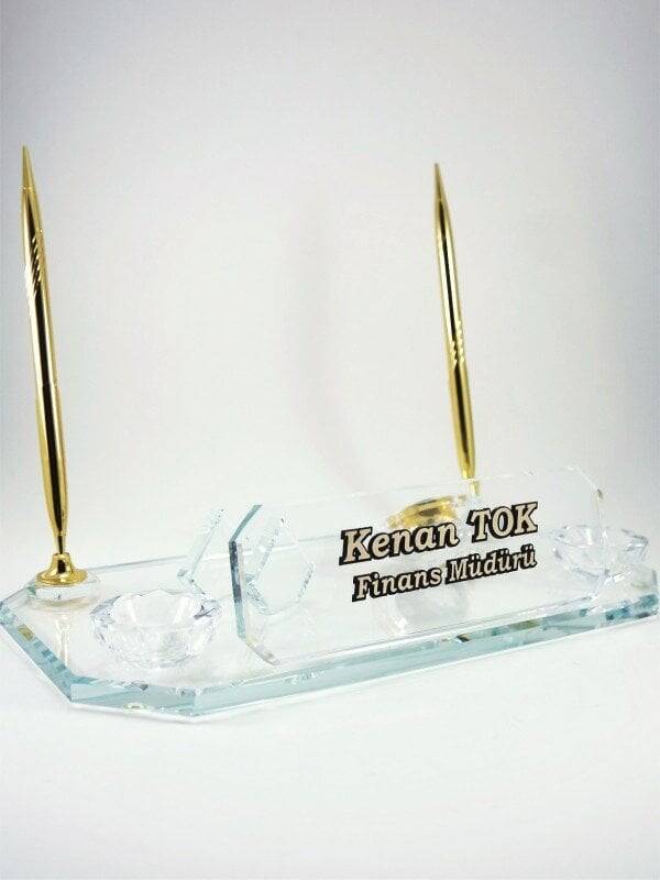 İki Kalemli Büyük Şeffaf Cam Kristal Masa İsimliği - 1