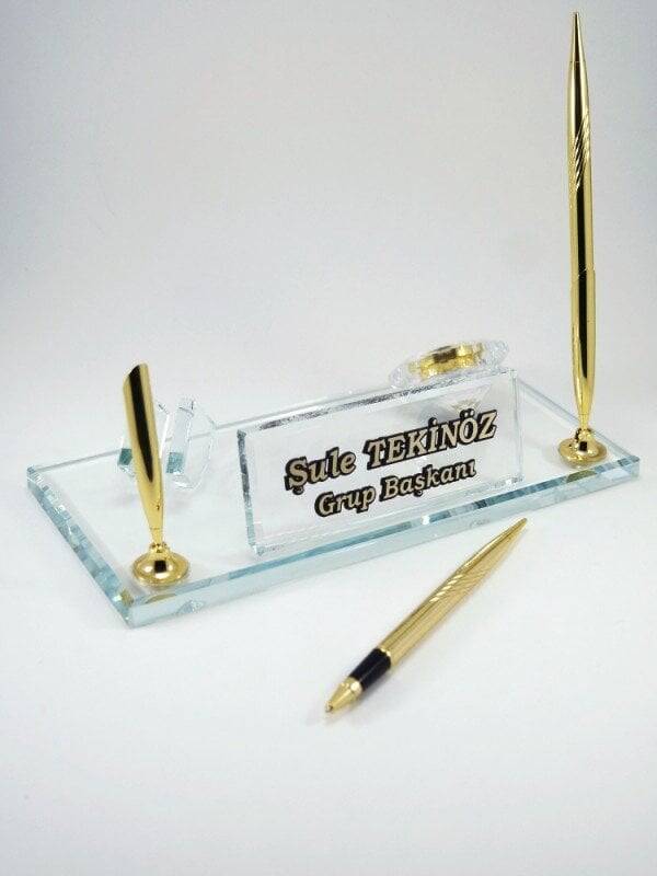 İki Kalemli Şeffaf Cam Kristal Masa İsimliği - 1