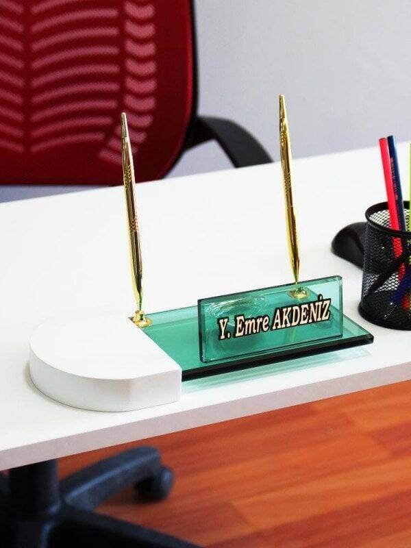 Yeşil Kristal & Beyaz Oval Ahşap Masa İsimliği l Dsn-110 - 1